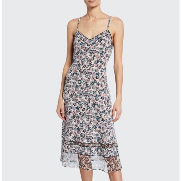RAG AND BONE Ilona Silk Slip Dress XS Off White Floral Print Midi Tie Waist - Picture 1 of 16